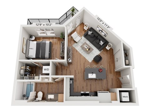 Floor plan for 1 bed, 1 bath, 734 sqft